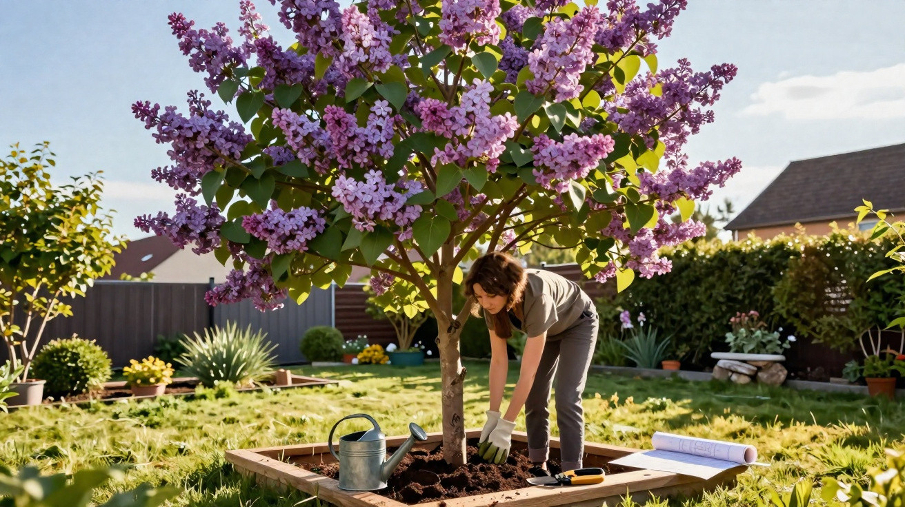 Mulher cuidando de árvore florida lilás em jardim com regador, luvas e ferramentas ao redor.