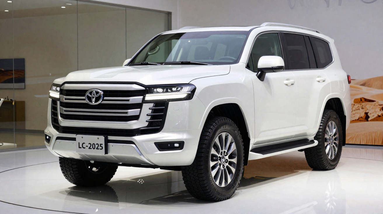 SUV branco Toyota Land Cruiser 2025 em exposição interna com design robusto e moderno.