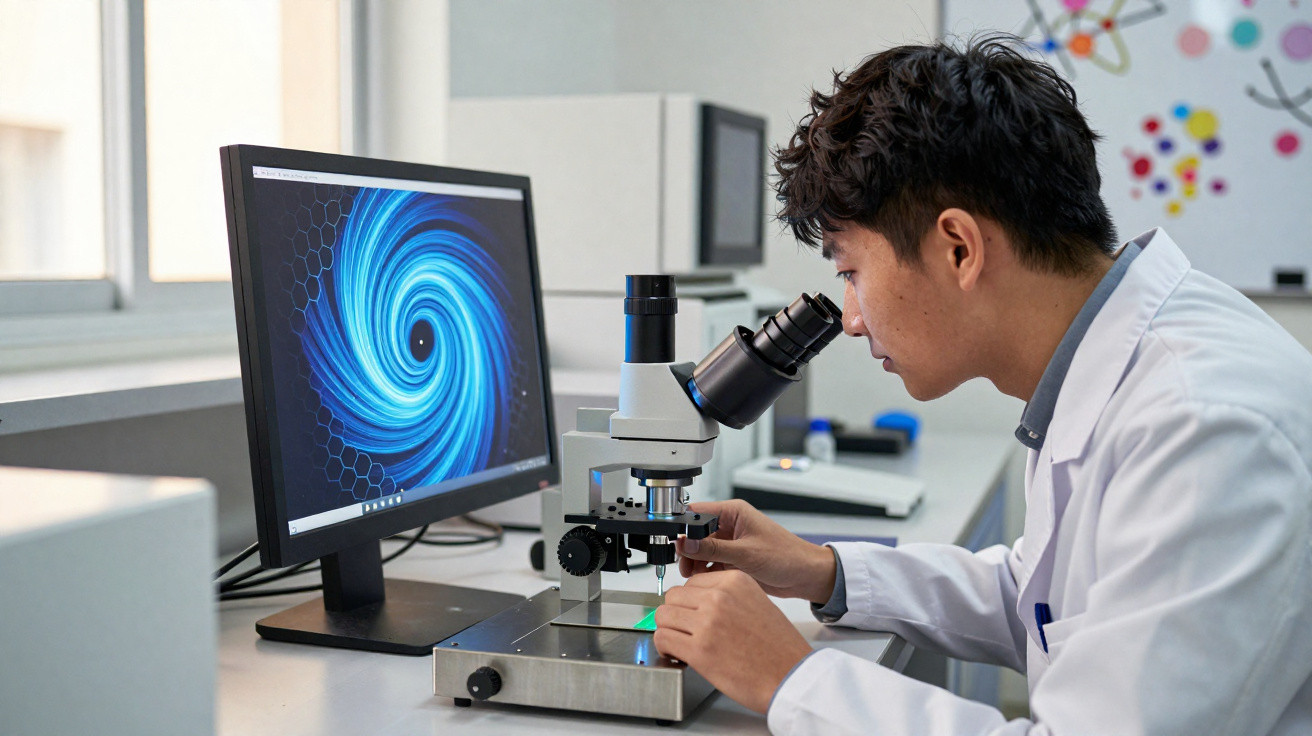 Jovem cientista usando jaleco observa amostra em microscópio com imagem de espiral azul no monitor ao lado.