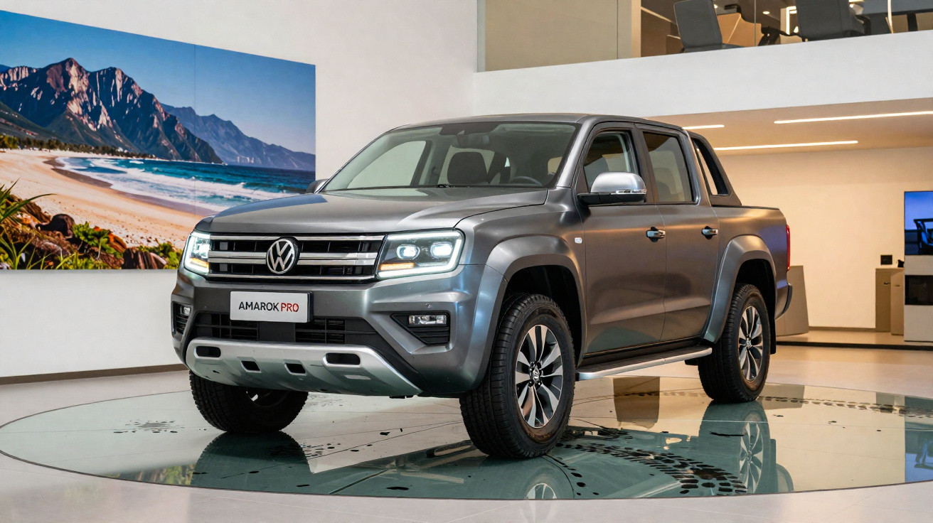 Picape Volkswagen Amarok Pro cinza exposta em showroom moderno com quadro de paisagem na parede.