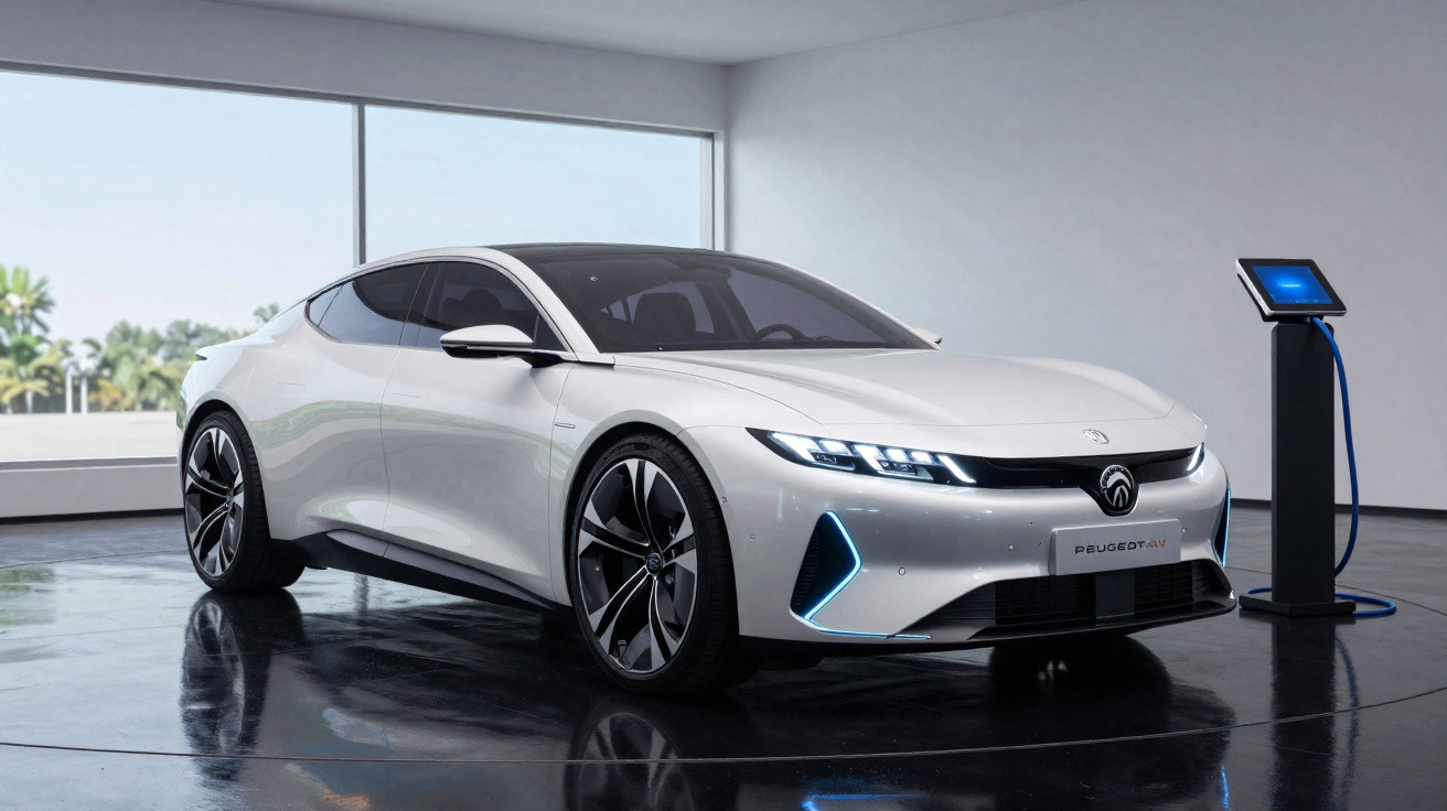 Carro elétrico branco Peugeot elétrico estacionado em ambiente interno moderno com carregador ao lado.
