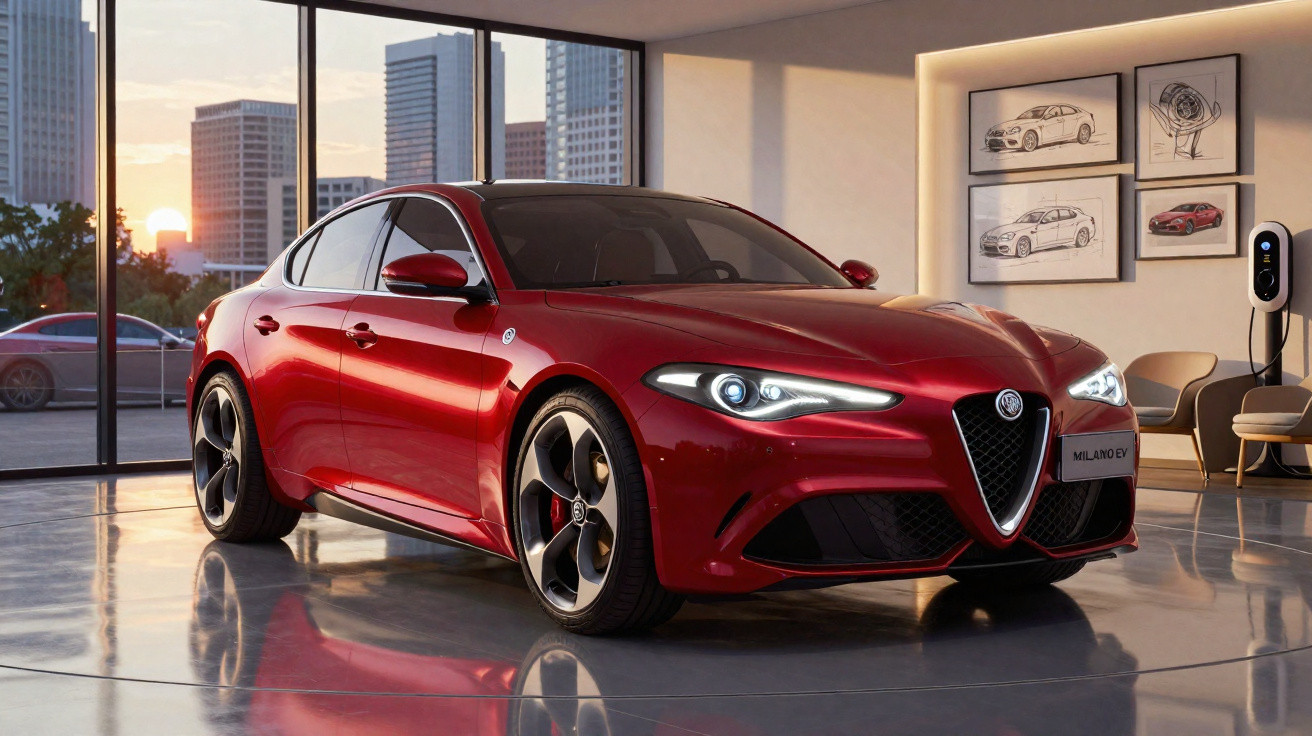 Carro esportivo vermelho Alfa Romeo Milano EV em showroom moderno com parede de quadros e janela para cidade.