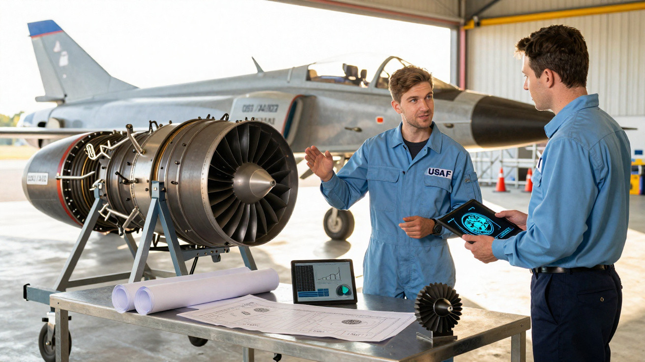 Dois homens em uniforme azul discutem projeto com motor de avião e jato ao fundo em hangar.