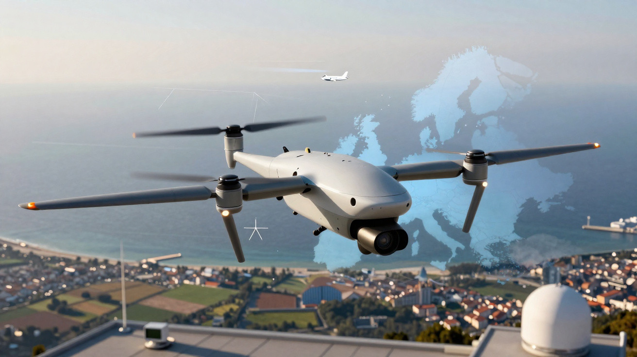 Drone cinza voando sobre cidade costeira com mar ao fundo e mapa da Europa holográfico ao fundo.