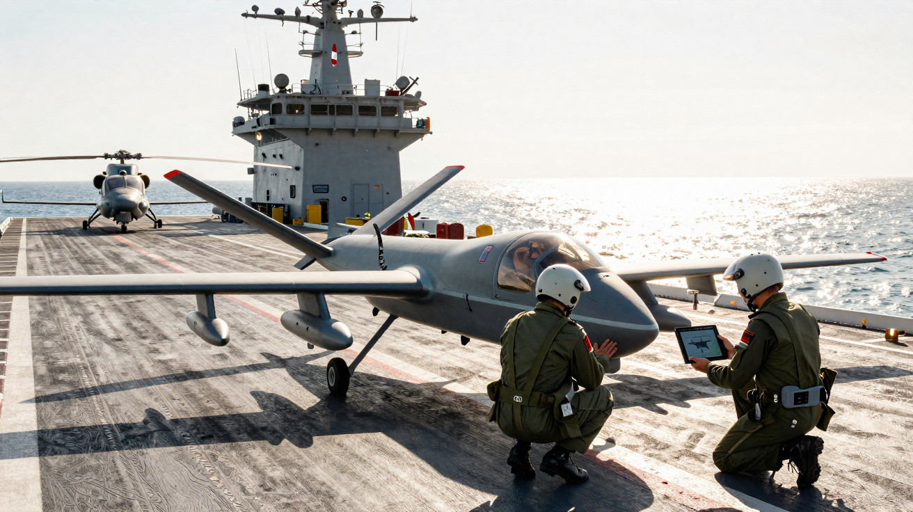 Dois militares inspecionam drone em convés de porta-aviões com helicóptero ao fundo no mar.