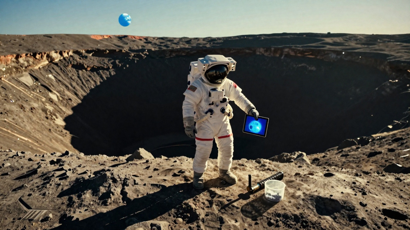 Astronauta em traje completo está em uma cratera lunar com Terra visível no horizonte segurando tablet.