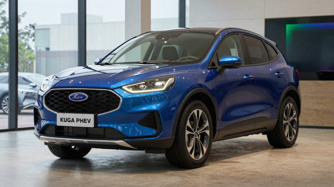 Carro SUV azul Ford Kuga PHEV exibido em showroom moderno com piso cinza e grandes janelas.