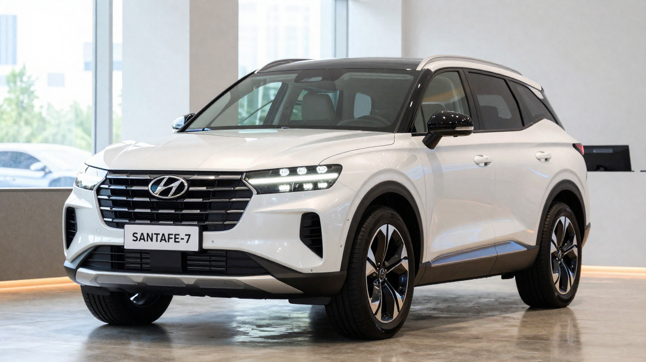 SUV branco Hyundai Santafe-7 estacionado em ambiente interno com teto preto e rodas esportivas.