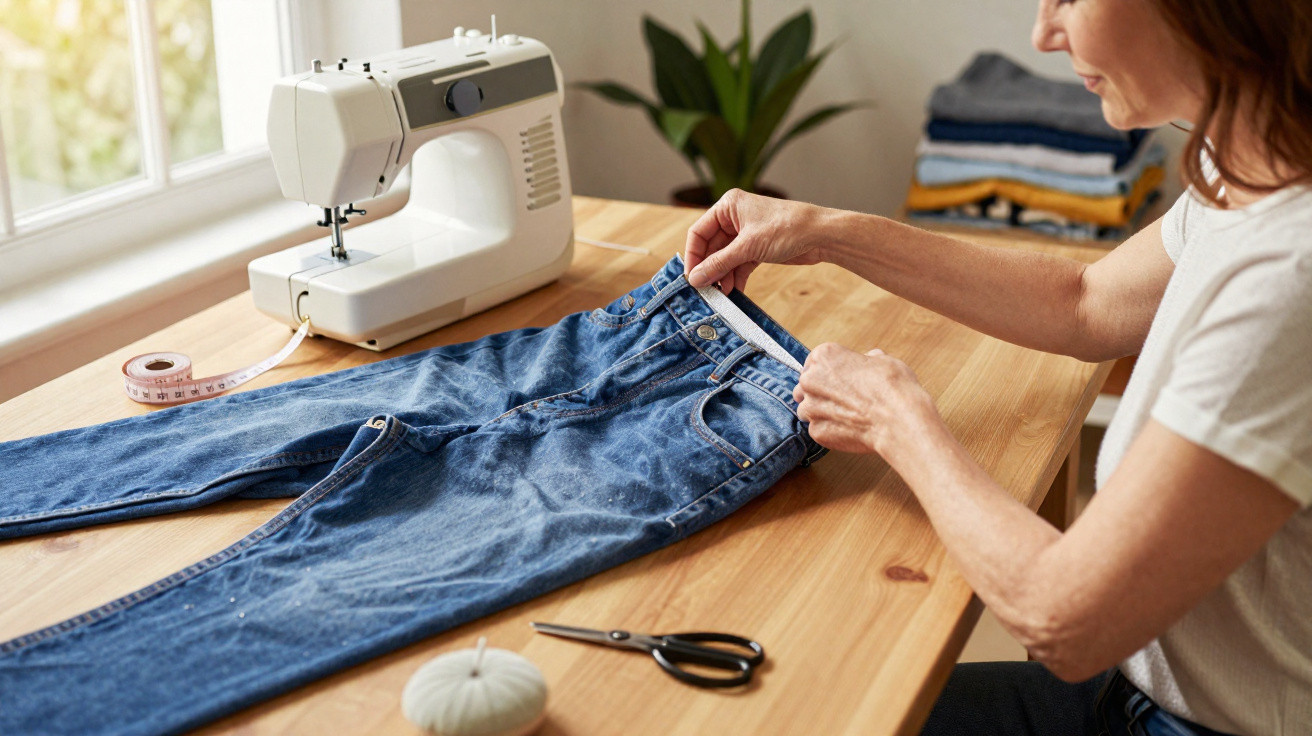 Mulher medindo cintura de calça jeans com fita métrica em mesa com máquina de costura.