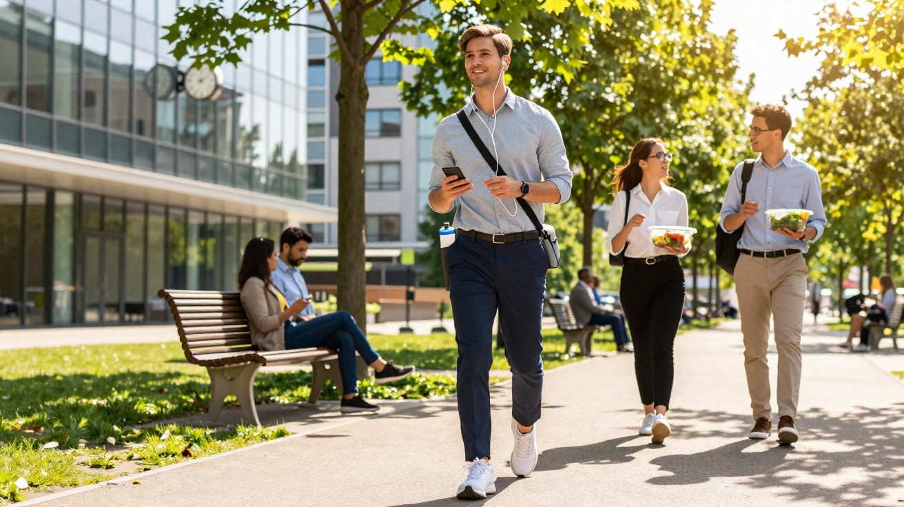 Jovem caminhando ao ar livre com fones de ouvido e pessoas conversando e comendo salada ao fundo.