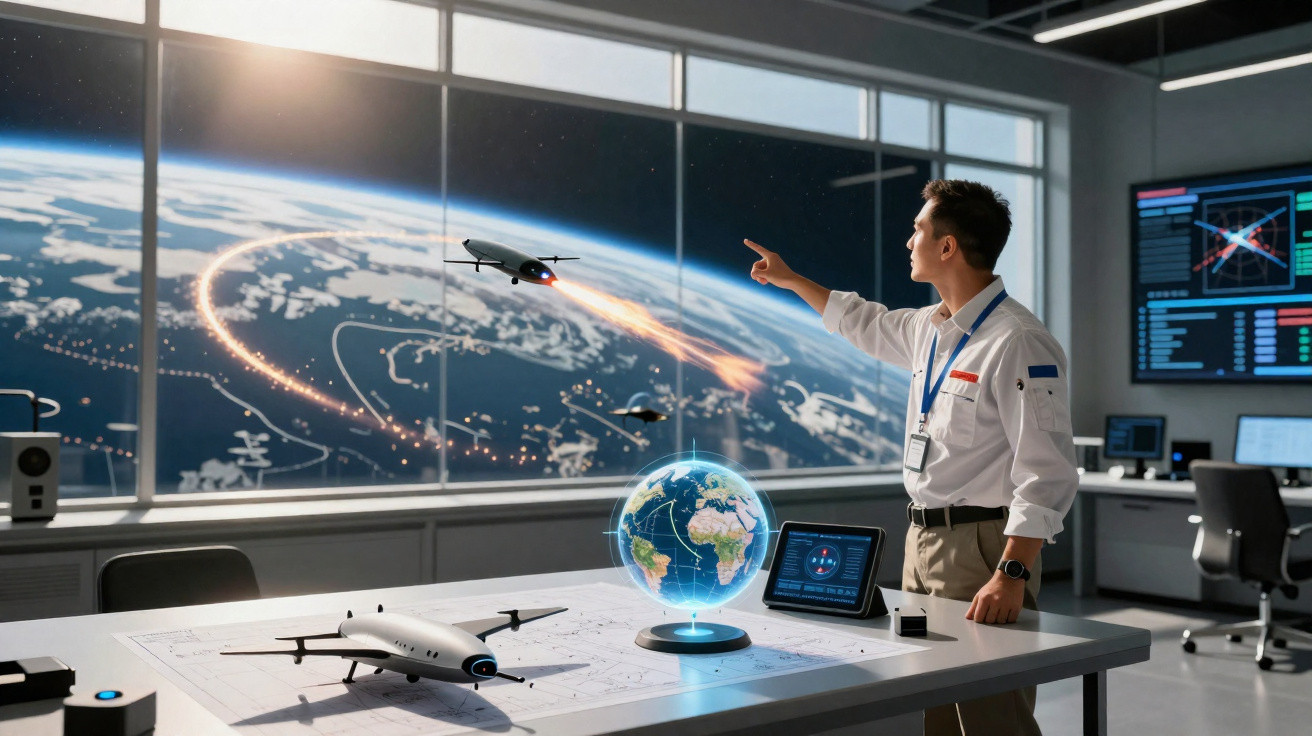 Homem em escritório tecnológico com modelo de avião e globo virtual, controlando drones no espaço.