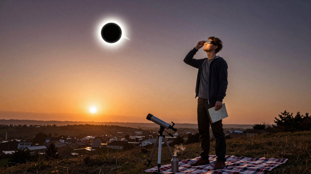 Pessoa observa eclipse solar com óculos especiais, ao pôr do sol, usando telescópio em campo aberto.