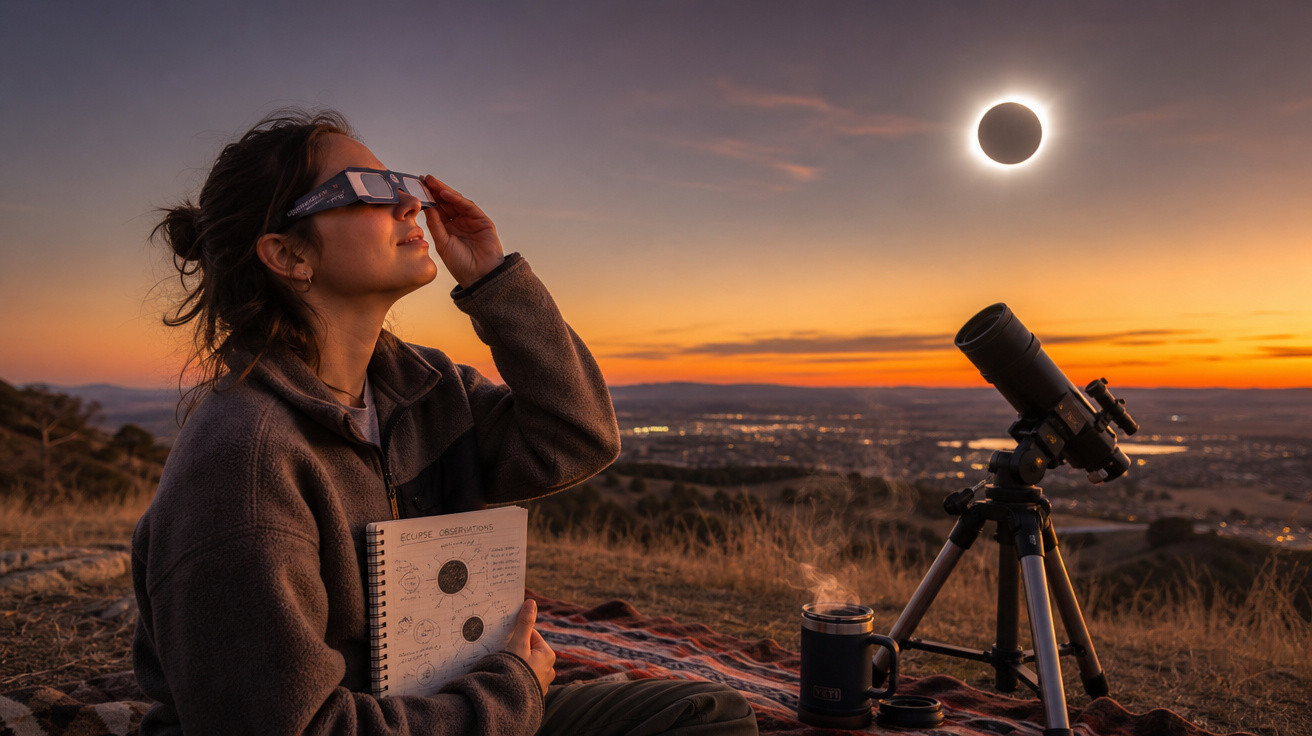 Mulher com óculos especiais observa eclipse solar ao pôr do sol, com telescópio e caderno de anotações.