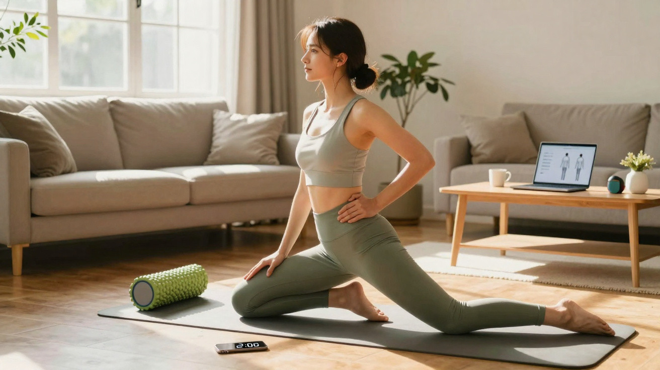Mulher fazendo alongamento em tapete de yoga na sala, com laptop e rolo de espuma ao lado.