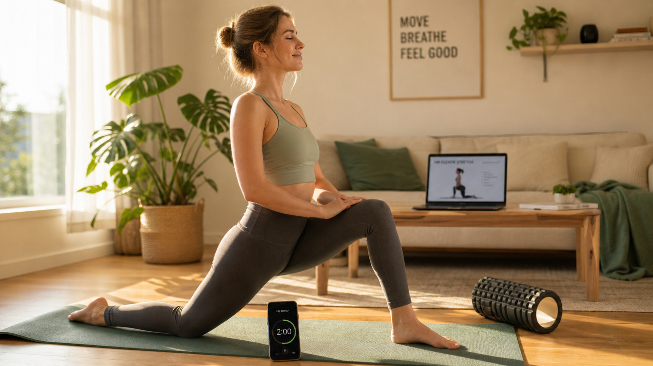Mulher fazendo alongamento em tapete de yoga na sala, com laptop e rolo de massagem ao lado.