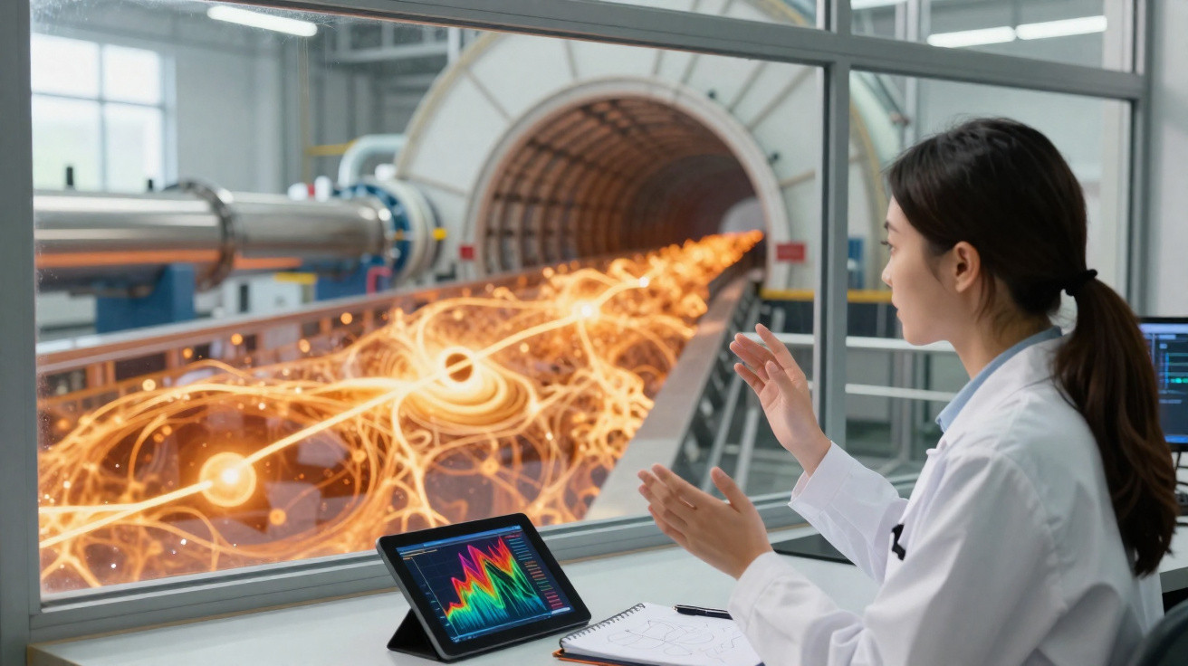 Cientista observa partículas energéticas em acelerador de partículas com gráficos em tablet e anotações.