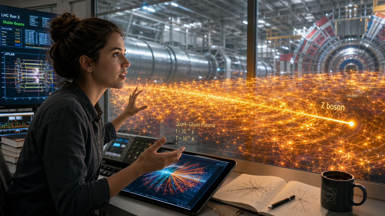 Mulher estudando partículas quânticas em laboratório com holograma e dados científicos ao redor.