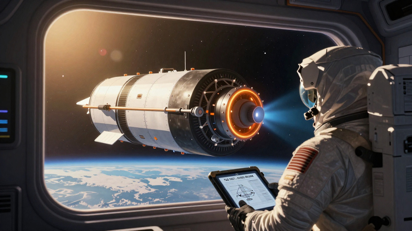 Astronauta na estação espacial observa módulo com motor foguete sobre a Terra.