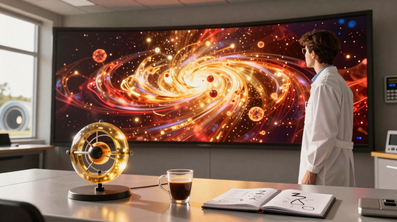 Cientista em laboratório observa tela gigante com ilustração de galáxia espiral e planetas em movimento.