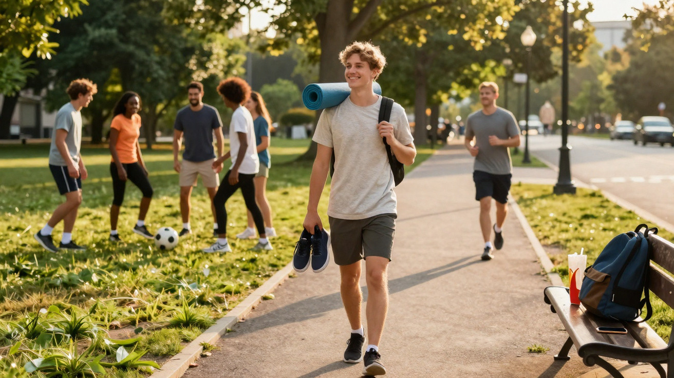 Jovem caminhando em parque com mochila e tapete de yoga, enquanto grupo joga futebol ao fundo.