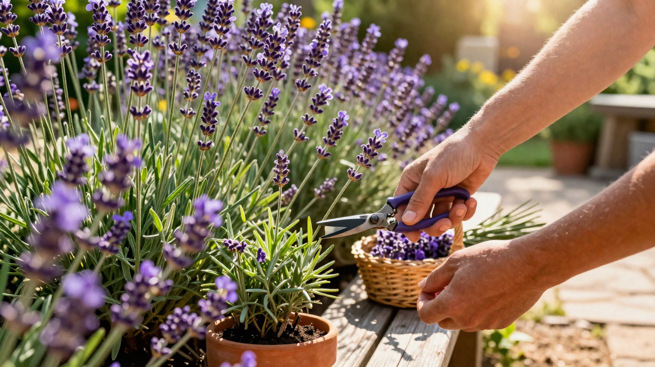 Mãos podando flores de lavanda roxa em vaso no jardim ao ar livre em dia ensolarado.