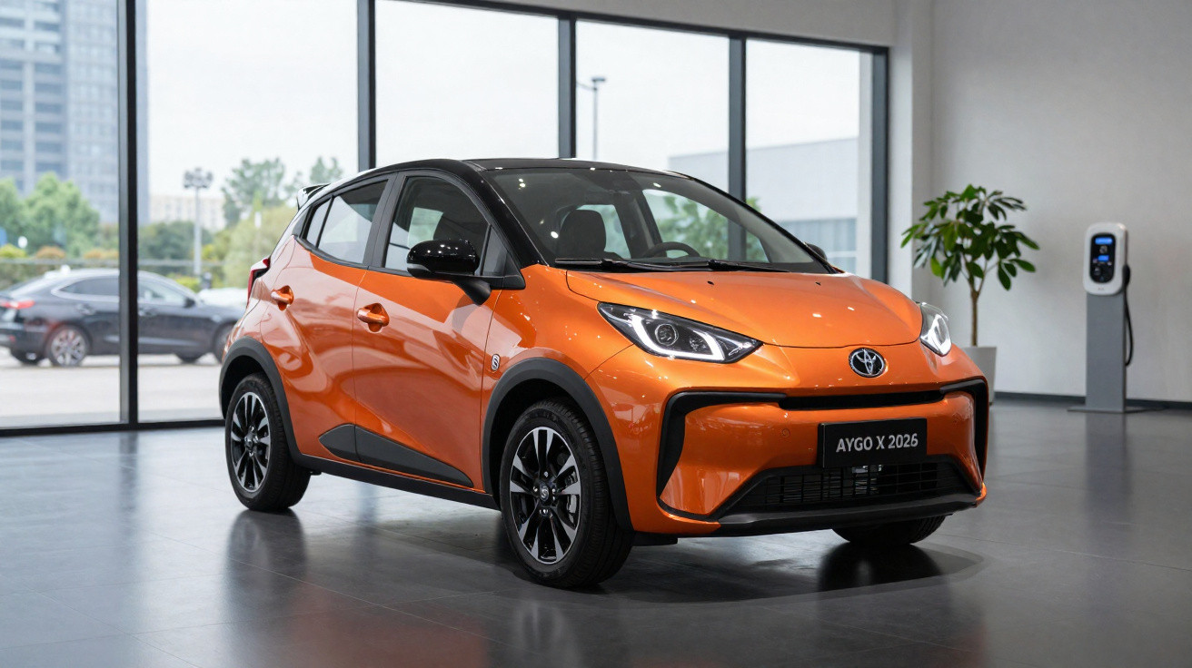 Carro Toyota Aygo X 2026 laranja exibido em showroom moderno com piso cinza e grandes janelas.