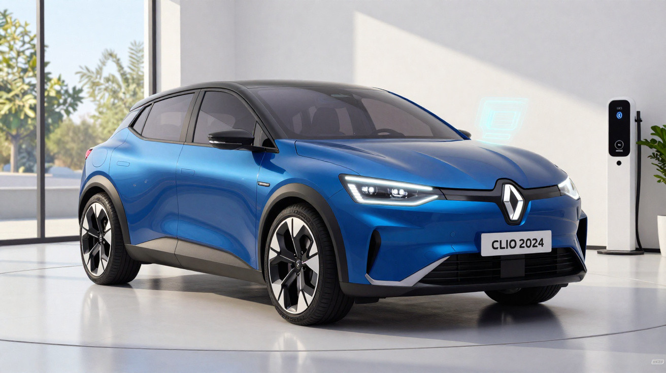 Carro elétrico Renault Clio 2024 azul estacionado em ambiente interno moderno com carregador ao fundo.