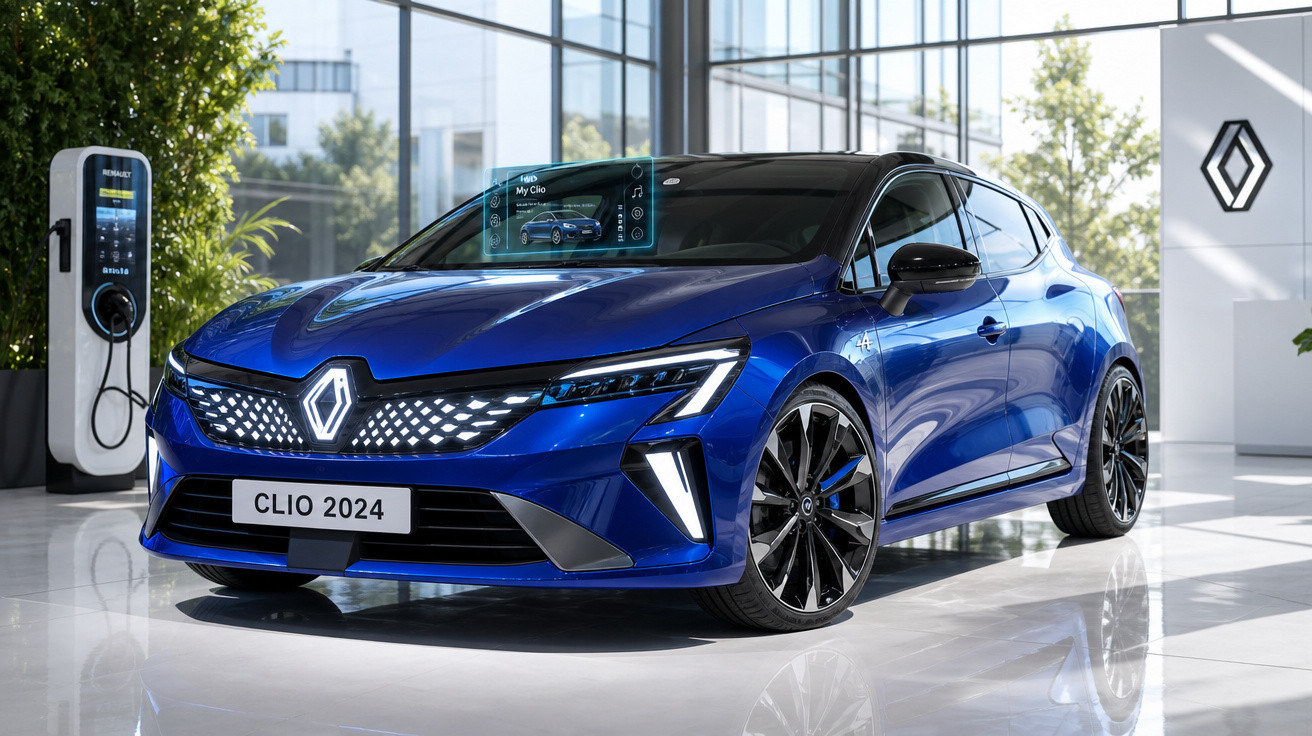 Carro elétrico Renault Clio 2024 azul exibido em showroom moderno com estação de recarga ao fundo.