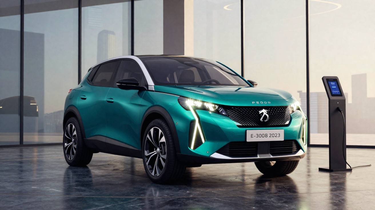 SUV elétrico verde Peugeot E-3008 2023 em exposição ao lado de estação de recarga.
