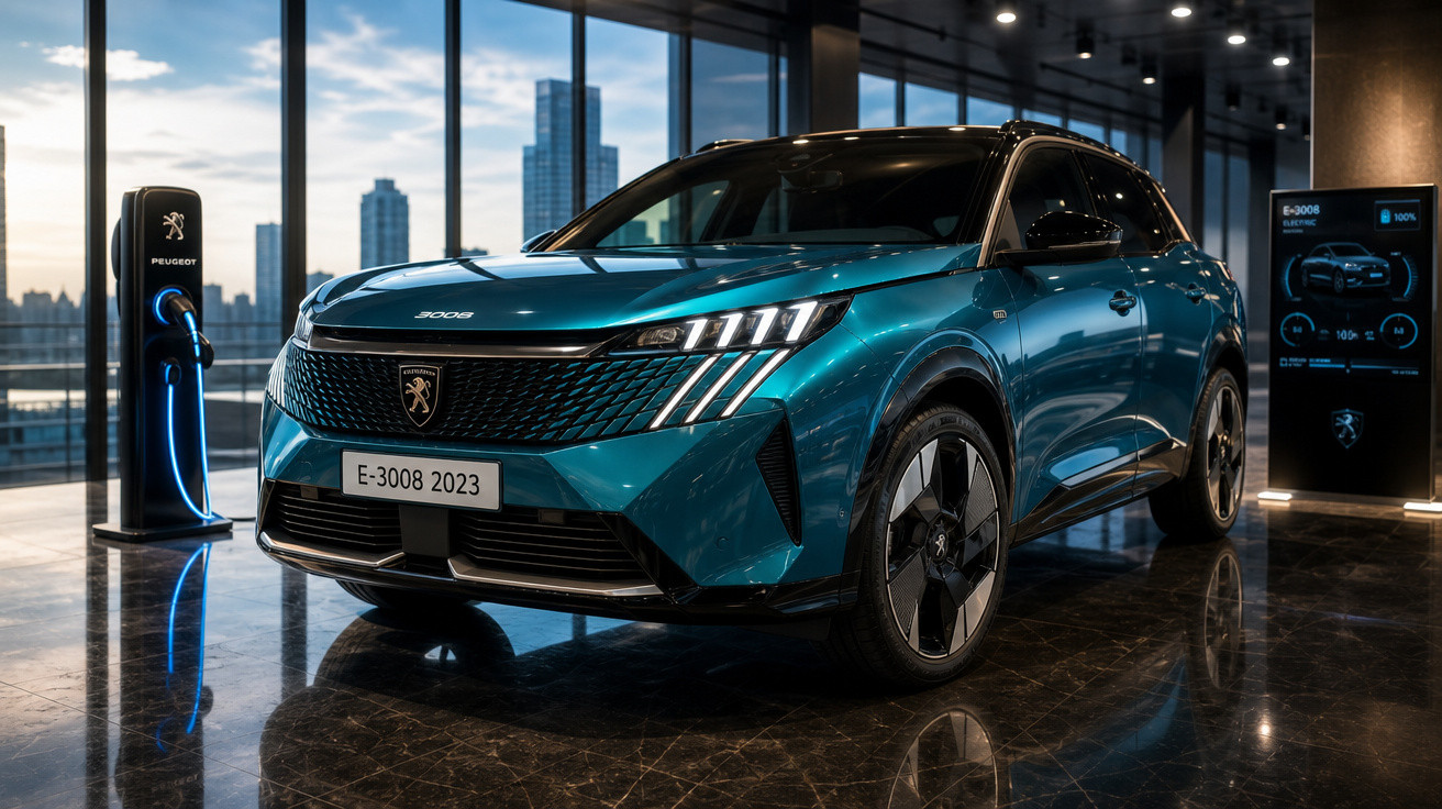 SUV elétrico Peugeot E-3008 2023 azul em exposição, conectado a estação de carregamento dentro de showroom.