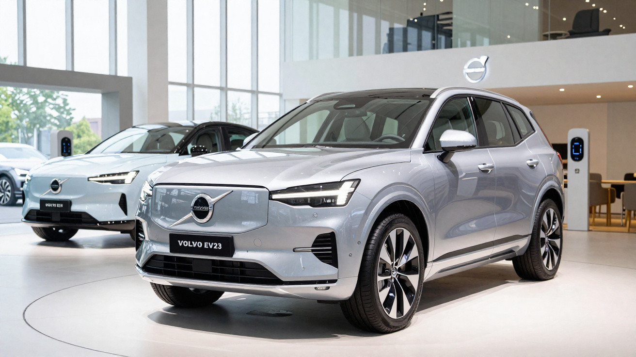 Carros elétricos Volvo EV23 prata exibidos em showroom moderno e iluminado.