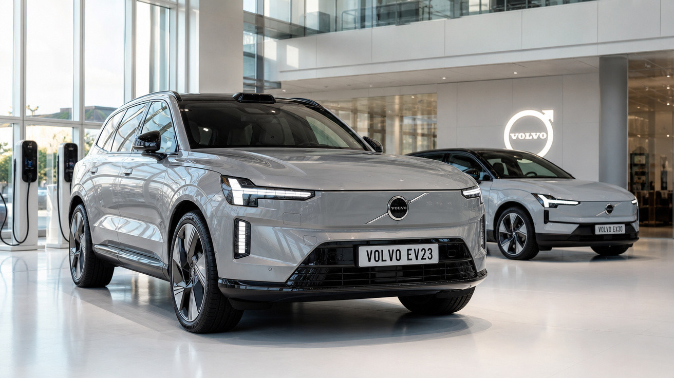 Dois carros elétricos Volvo cinza expostos em showroom moderno com luz natural.