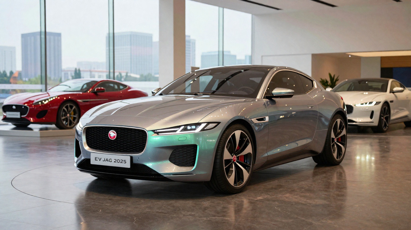 Carro esportivo elétrico prata Jaguar EV JAG 2025 em exposição com dois carros ao fundo em showroom.