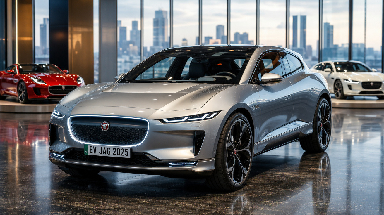 Carro elétrico Jaguar I-Pace prata exposto em showroom com dois carros ao fundo e cidade ao fundo pela janela.