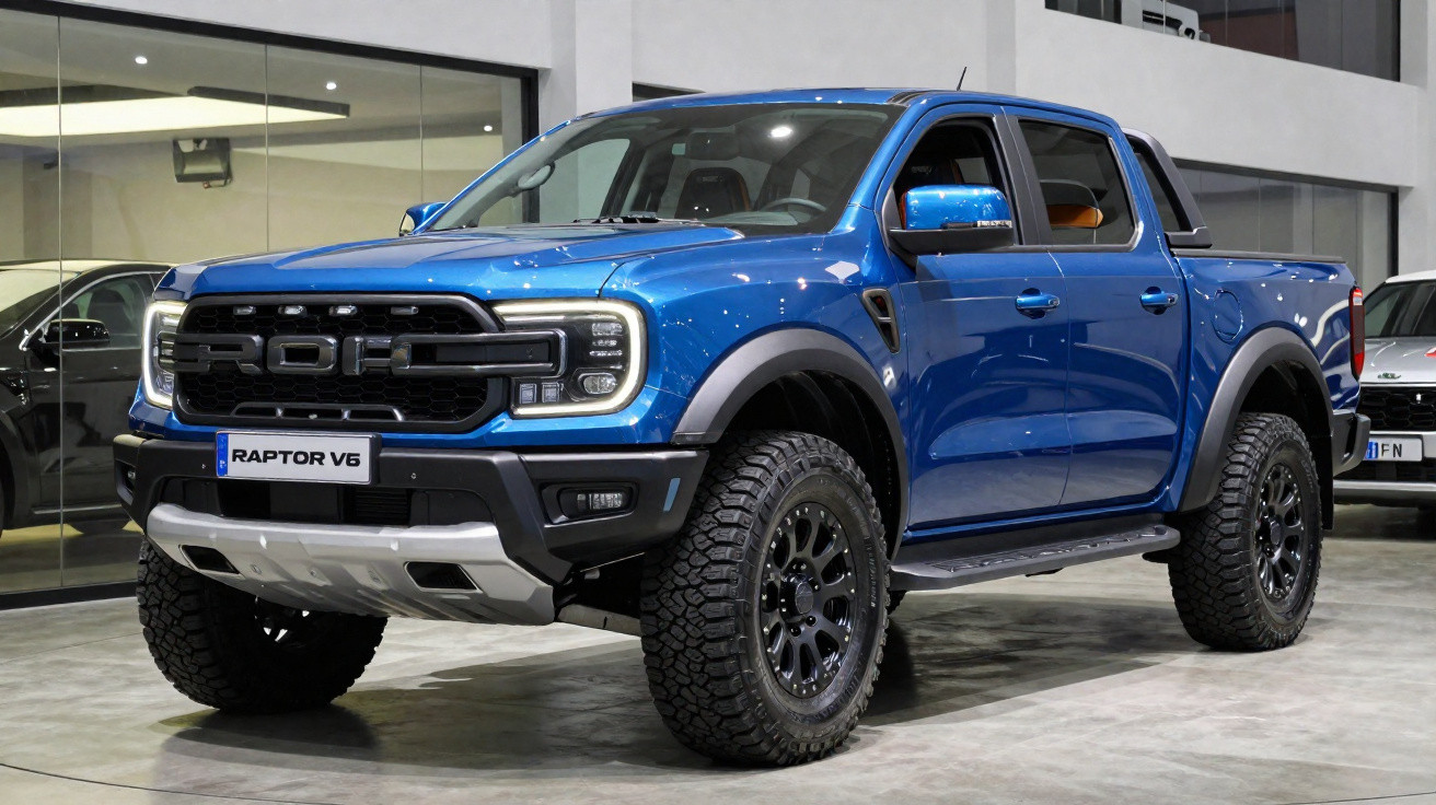 Picape azul Ford Raptor V6 4x4 com pneus robustos em showroom moderno e iluminado.