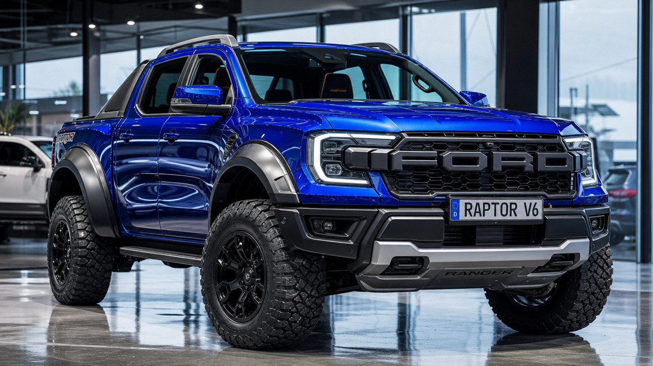 Picape Ford Raptor V6 azul em showroom, com rodas grandes e design robusto.