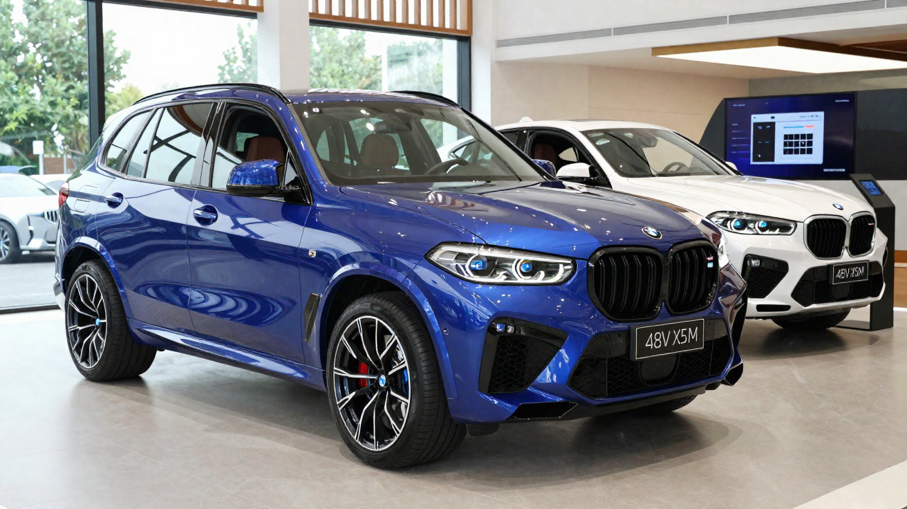 SUV azul e SUV branco BMW X5M exibidos em showroom moderno com janelas amplas.