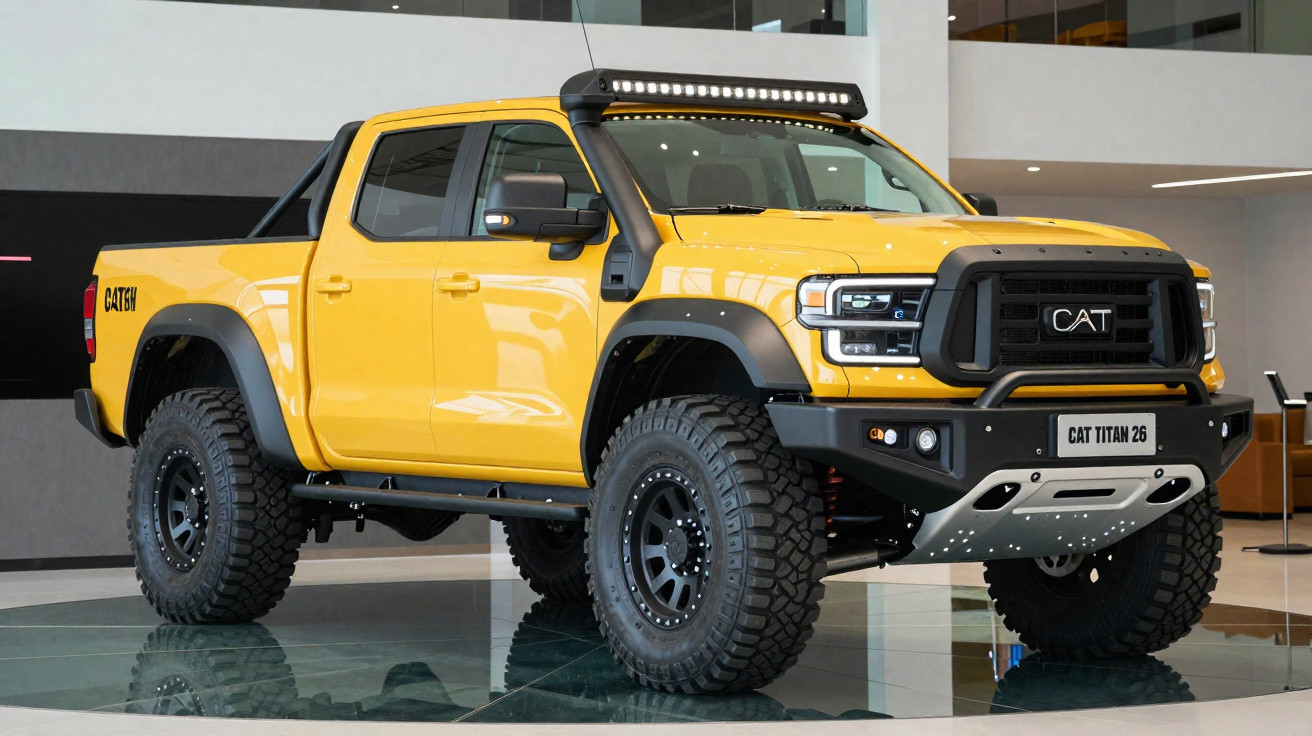 Picape amarela CAT Titan 26 com pneus off-road robustos em exposição interna.