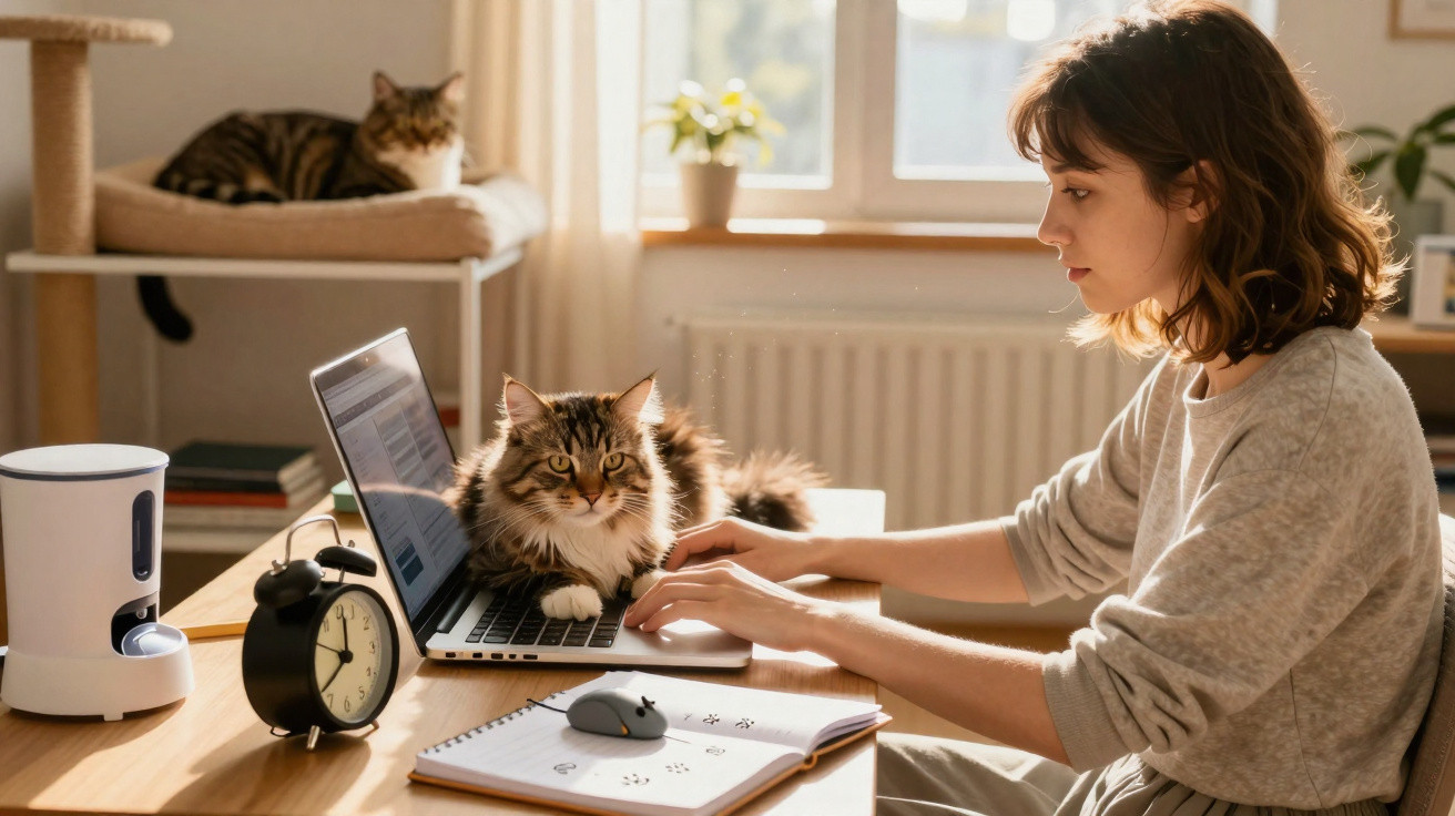 Mulher trabalhando no laptop com gato deitado sobre o teclado e outro gato no suporte ao fundo.