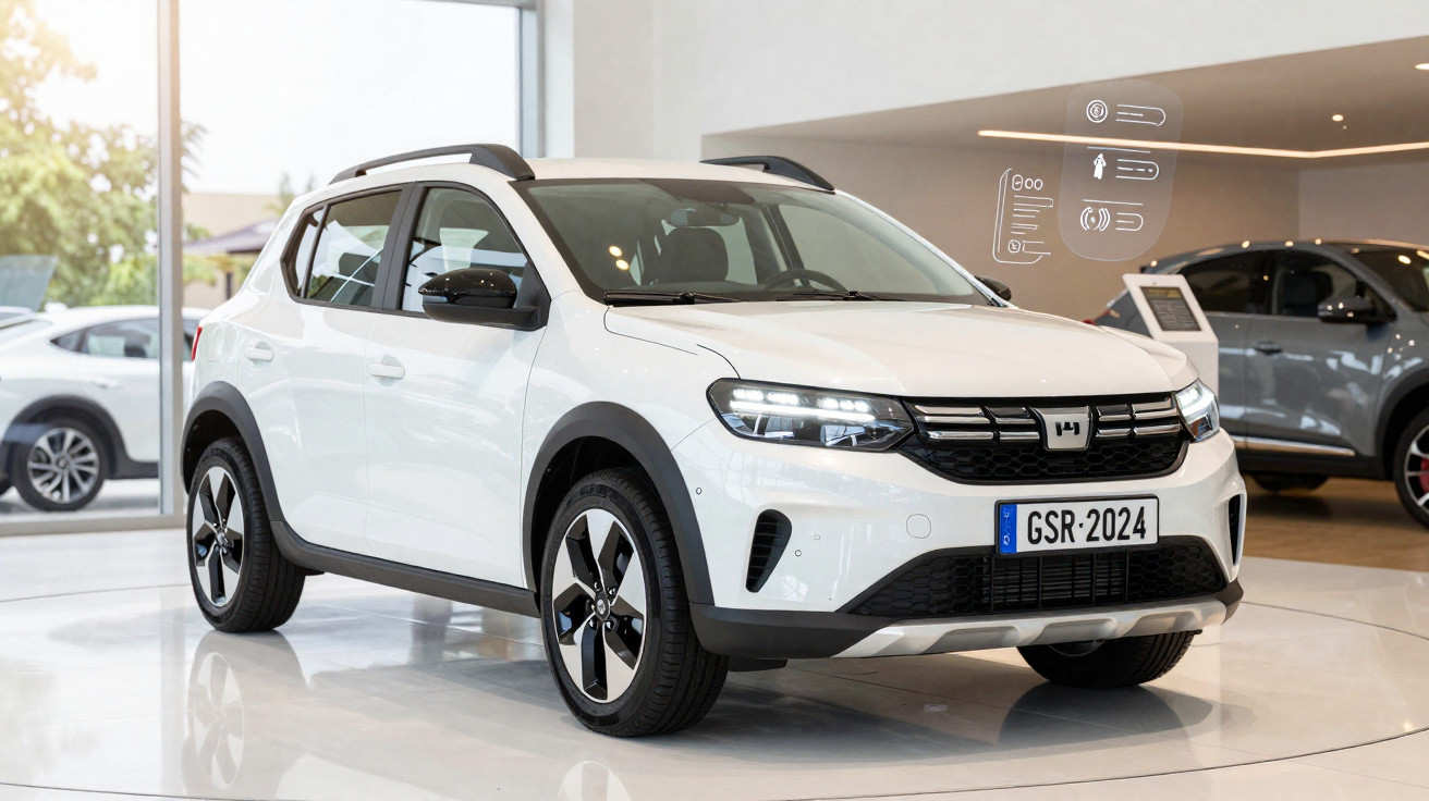 Carro SUV branco moderno em exibição dentro de showroom com iluminação clara e outras opções de veículo ao fundo.