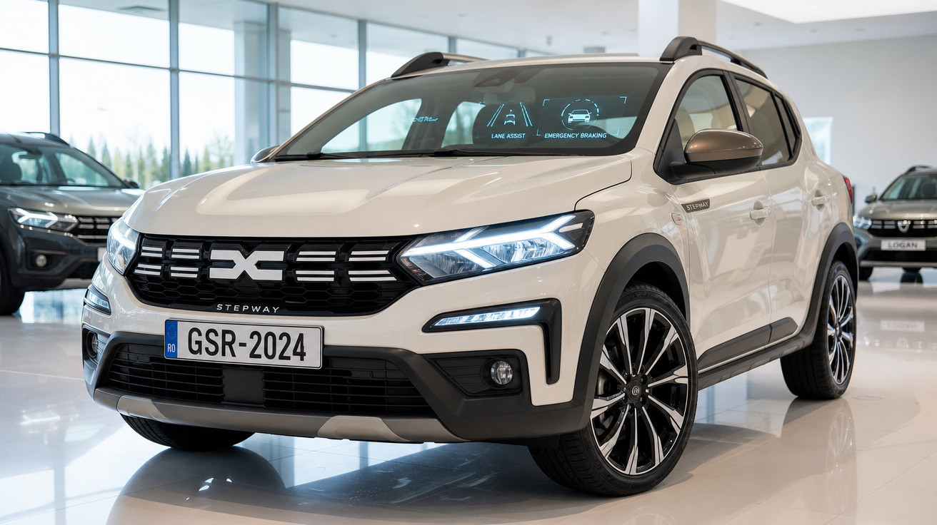 Carro branco Dacia Stepway SUV exibido em showroom moderno com faróis de LED acesos.