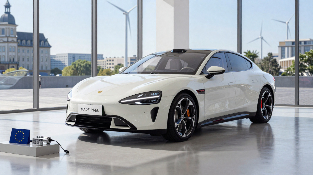 Carro elétrico branco estacionado em showroom com grandes janelas e turbinas eólicas ao fundo.