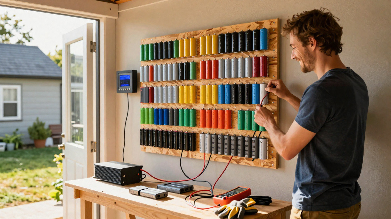 Homem em bancada ajusta fios conectados a circuito elétrico colorido em oficina bem iluminada.