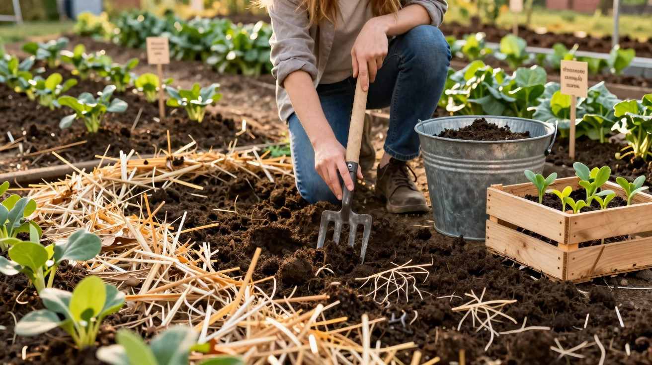 Pessoa agachada cultivando horta orgânica, mexendo a terra com ferramenta de jardinagem.
