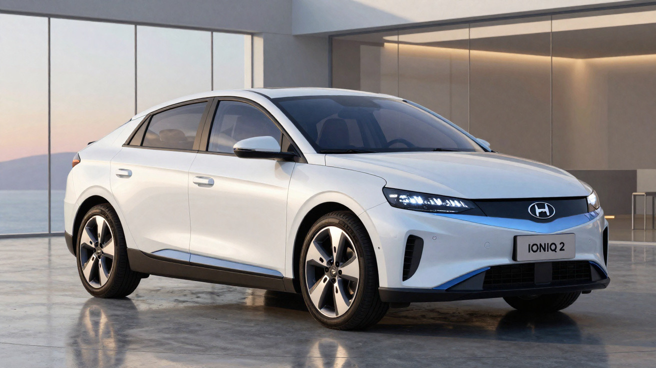 Carro elétrico branco Hyundai Ioniq 2 estacionado em ambiente interno moderno e iluminado.