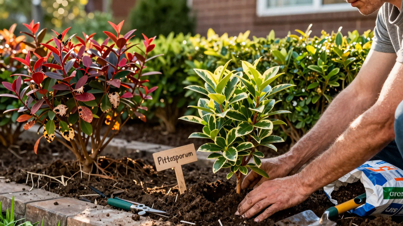 Pessoa plantando muda de Pittosporum em canteiro com terra e outras plantas ao redor durante o dia.