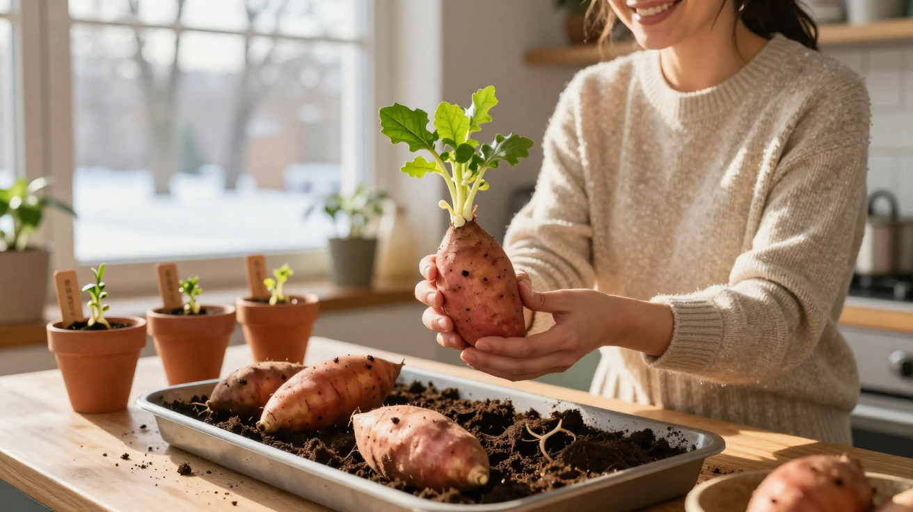 Mulher sorrindo plantando batata-doce com brotos verdes em bandeja com terra na cozinha.