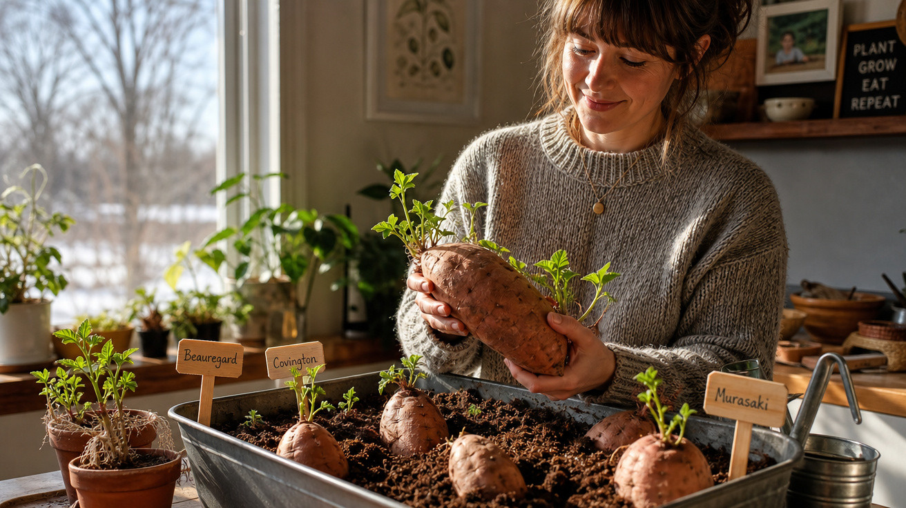 Mulher segurando batata-doce com brotos em pote com terra, em ambiente interno e plantas ao fundo.