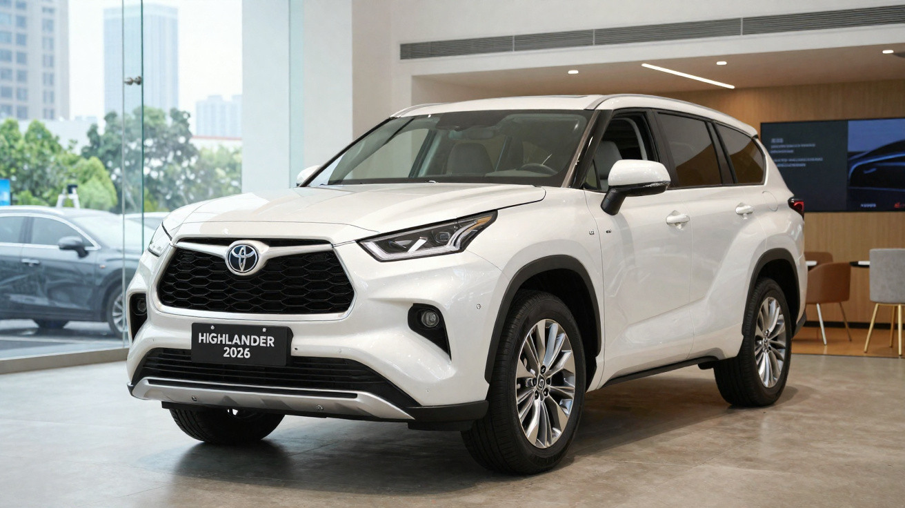 SUV branco Toyota Highlander 2026 exibido em showroom moderno com piso cinza e vidros grandes.