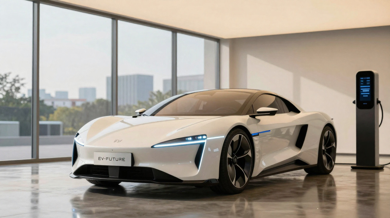 Carro elétrico branco esportivo EV-Future estacionado ao lado de carregador em ambiente interno moderno.